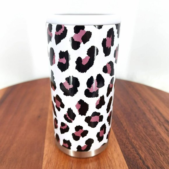 Maars Drink Cooler White Pink Black Leopard Print Stainless Steel Skinny Can New - Picture 1 of 11